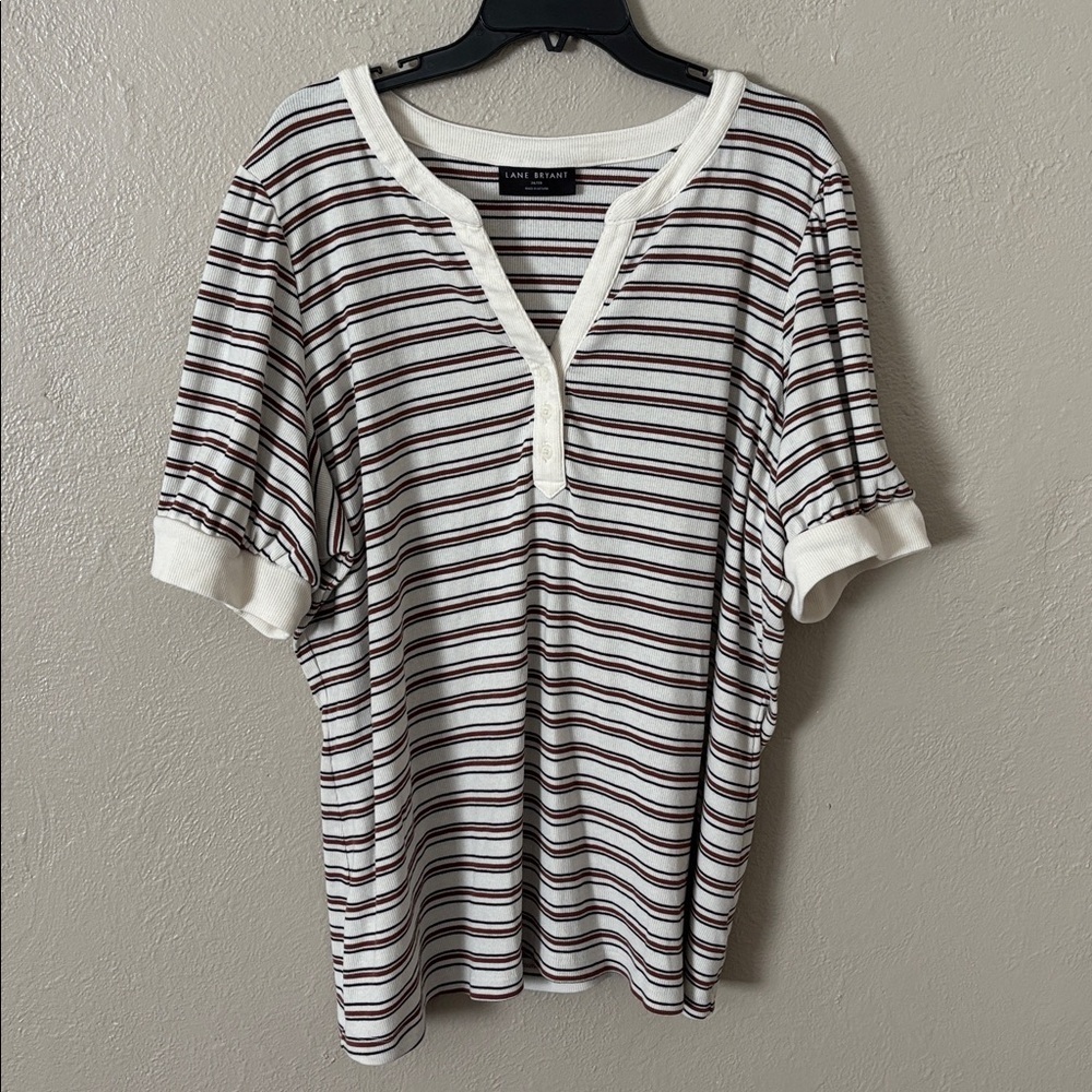 Lane Bryant WMS Plus Elbow Puff-Sleeve Henley Rib Tee Neutral Stripe 26/28 4X